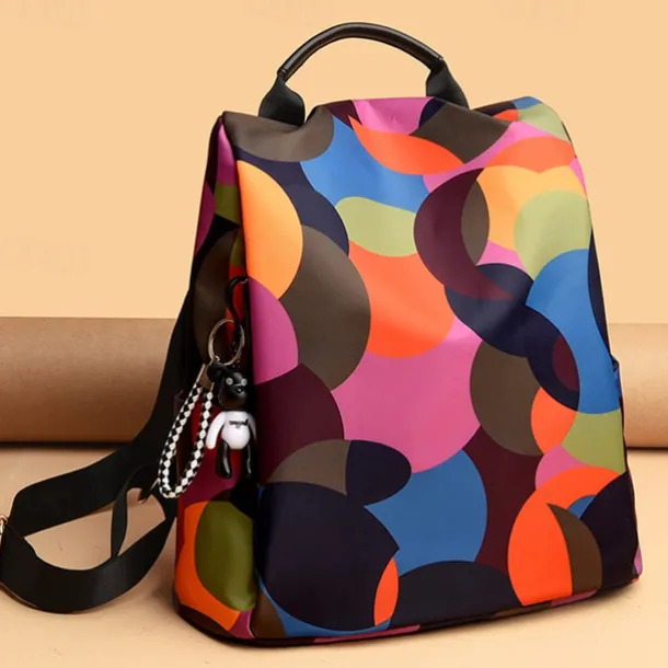 Colorful Geometric Oxford Cloth Backpack with Handle and Keychain | Stylish Durable Back to School or Travel Bag