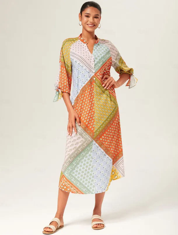 Colorful Silk Scarf Printed Tie Sleeve Maxi Dress