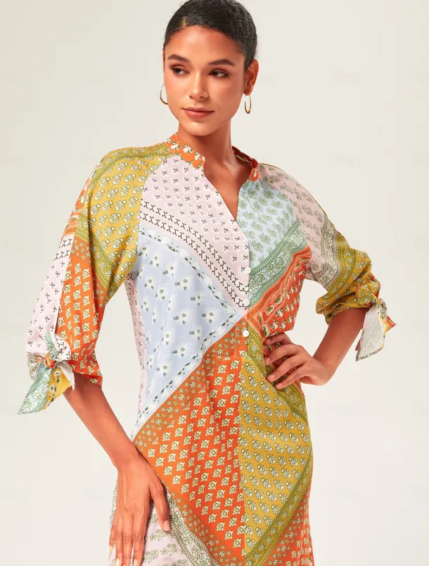 Colorful Silk Scarf Printed Tie Sleeve Maxi Dress