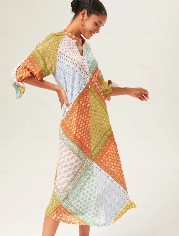 Colorful Silk Scarf Printed Tie Sleeve Maxi Dress