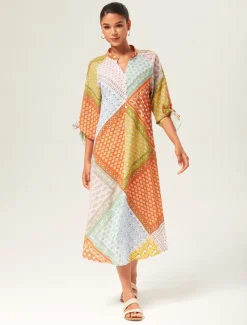 Colorful Silk Scarf Printed Tie Sleeve Maxi Dress