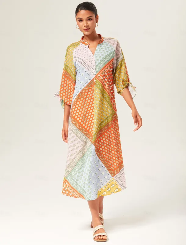 Colorful Silk Scarf Printed Tie Sleeve Maxi Dress