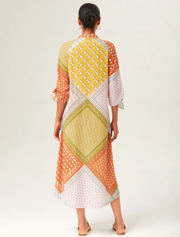 Colorful Silk Scarf Printed Tie Sleeve Maxi Dress