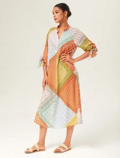 Colorful Silk Scarf Printed Tie Sleeve Maxi Dress