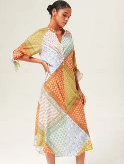 Colorful Silk Scarf Printed Tie Sleeve Maxi Dress