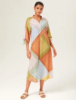 Colorful Silk Scarf Printed Tie Sleeve Maxi Dress