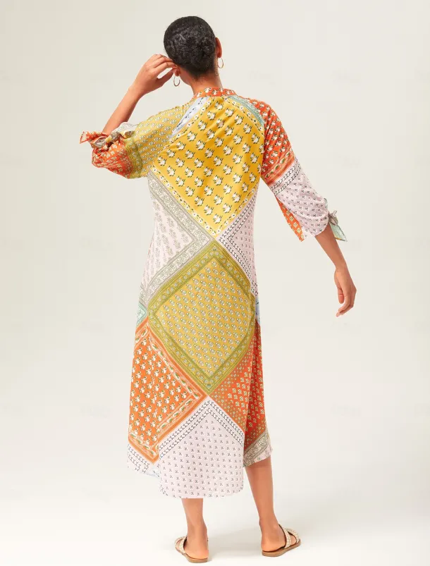 Colorful Silk Scarf Printed Tie Sleeve Maxi Dress
