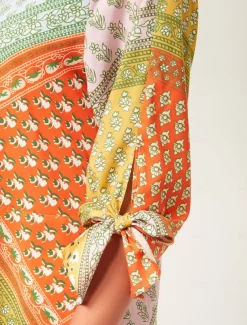 Colorful Silk Scarf Printed Tie Sleeve Maxi Dress