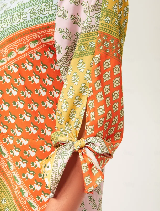 Colorful Silk Scarf Printed Tie Sleeve Maxi Dress