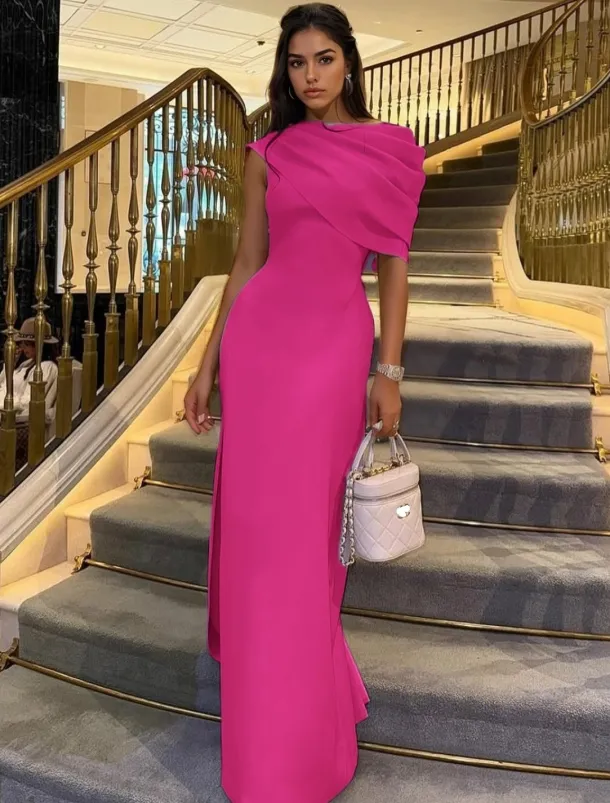 Column Evening Gown Elegant Dress Formal Floor Length Short Sleeve Crew Neck Stretch Crepe with Ruched Shawl