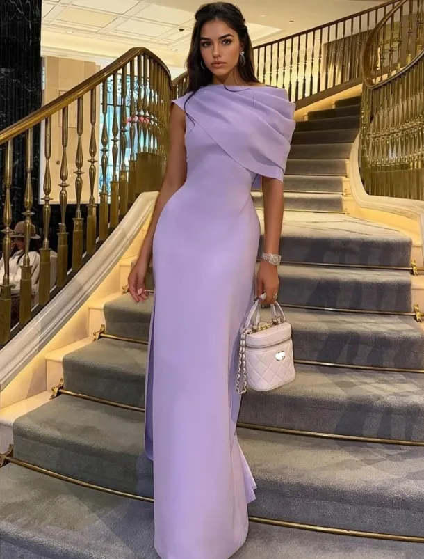 Column Evening Gown Elegant Dress Formal Floor Length Short Sleeve Crew Neck Stretch Crepe with Ruched Shawl