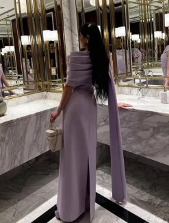 Column Evening Gown Elegant Dress Formal Floor Length Short Sleeve Crew Neck Stretch Crepe with Ruched Shawl