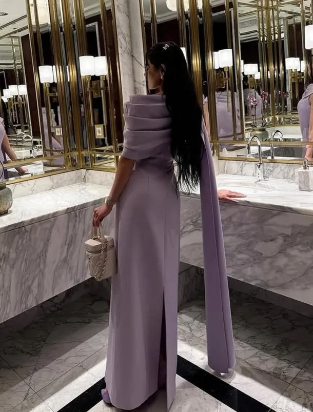 Column Evening Gown Elegant Dress Formal Floor Length Short Sleeve Crew Neck Stretch Crepe with Ruched Shawl