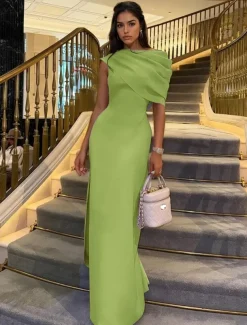 Column Evening Gown Elegant Dress Formal Floor Length Short Sleeve Crew Neck Stretch Crepe with Ruched Shawl