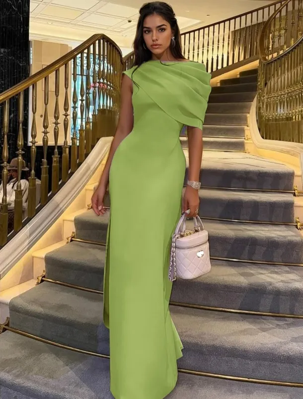 Column Evening Gown Elegant Dress Formal Floor Length Short Sleeve Crew Neck Stretch Crepe with Ruched Shawl