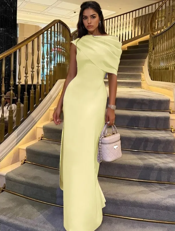 Column Evening Gown Elegant Dress Formal Floor Length Short Sleeve Crew Neck Stretch Crepe with Ruched Shawl