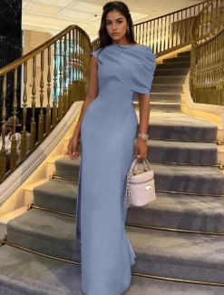 Column Evening Gown Elegant Dress Formal Floor Length Short Sleeve Crew Neck Stretch Crepe with Ruched Shawl