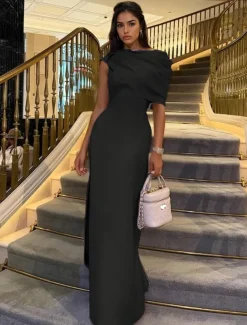 Column Evening Gown Elegant Dress Formal Floor Length Short Sleeve Crew Neck Stretch Crepe with Ruched Shawl