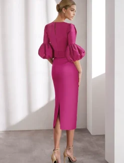 Column Satin Cocktail Dresses Elegant Formal Ankle Length Half Sleeve V Neck Pocket Italy Satin with Glitter Ruched