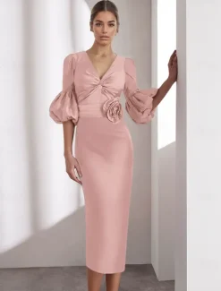 Column Satin Cocktail Dresses Elegant Formal Ankle Length Half Sleeve V Neck Pocket Italy Satin with Glitter Ruched