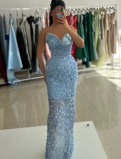 Column Sequined Evening Gown Vintage Dress Carnival Formal Floor Length Sleeveless Sweetheart with Glitter