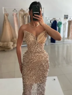 Column Sequined Evening Gown Vintage Dress Carnival Formal Floor Length Sleeveless Sweetheart with Glitter