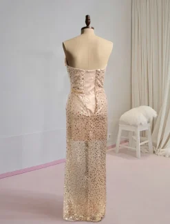 Column Sequined Evening Gown Vintage Dress Carnival Formal Floor Length Sleeveless Sweetheart with Glitter