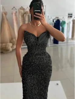 Column Sequined Evening Gown Vintage Dress Carnival Formal Floor Length Sleeveless Sweetheart with Glitter