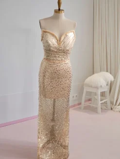 Column Sequined Evening Gown Vintage Dress Carnival Formal Floor Length Sleeveless Sweetheart with Glitter