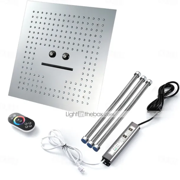 Concealed Rainfall Shower Head 400*400mm LED Light, 16 Inch Ceiling Rainfall Showerhead 304 Stainless Steel, Rain Shower 3 Functions Led Showerhead Square Spa Waterfall Showers Panel