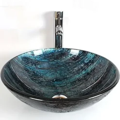 Contemporary Bathroom Sink Set,Tempered Glass Round Sink,Chrome Zinc Alloy Mounting Ring,Brass Bathroom Faucet