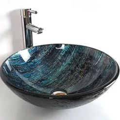 Contemporary Bathroom Sink Set,Tempered Glass Round Sink,Chrome Zinc Alloy Mounting Ring,Brass Bathroom Faucet