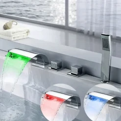 Contemporary Style Bathtub Faucet,LED Chrome Roman Tub Brass Valve Three Handles Five Holes Waterfall Bath Shower Mixer Taps with Hot and Cold Switch