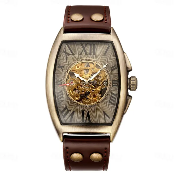 Cool Men Style Automatic Mechanical Analogue Watch Steam Punk Rock Gothic Leather Strap Black Brwon Watch Bullet Hollow-carved Design