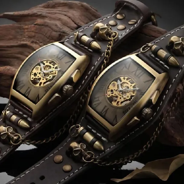 Cool Men Style Automatic Mechanical Analogue Watch Steam Punk Rock Gothic Leather Strap Black Brwon Watch Bullet Hollow-carved Design