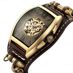 Cool Men Style Automatic Mechanical Analogue Watch Steam Punk Rock Gothic Leather Strap Black Brwon Watch Bullet Hollow-carved Design