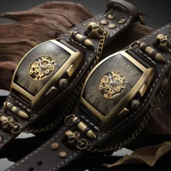 Cool Men Style Automatic Mechanical Analogue Watch Steam Punk Rock Gothic Leather Strap Black Brwon Watch Bullet Hollow-carved Design