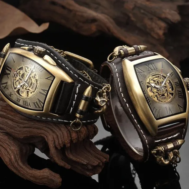 Cool Men Style Automatic Mechanical Analogue Watch Steam Punk Rock Gothic Leather Strap Black Brwon Watch Bullet Hollow-carved Design