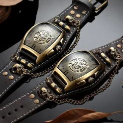 Cool Men Style Automatic Mechanical Analogue Watch Steam Punk Rock Gothic Leather Strap Black Brwon Watch Bullet Hollow-carved Design