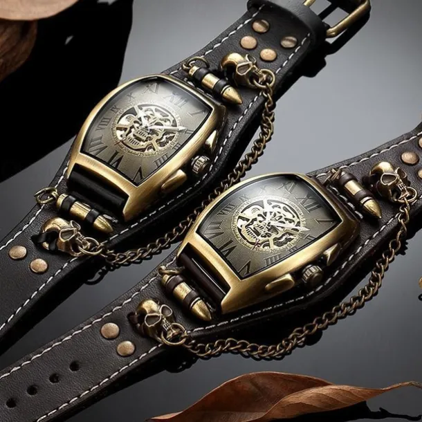 Cool Men Style Automatic Mechanical Analogue Watch Steam Punk Rock Gothic Leather Strap Black Brwon Watch Bullet Hollow-carved Design
