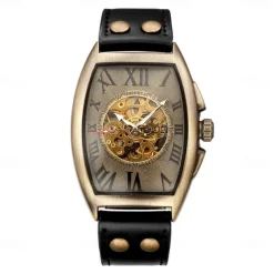 Cool Men Style Automatic Mechanical Analogue Watch Steam Punk Rock Gothic Leather Strap Black Brwon Watch Bullet Hollow-carved Design