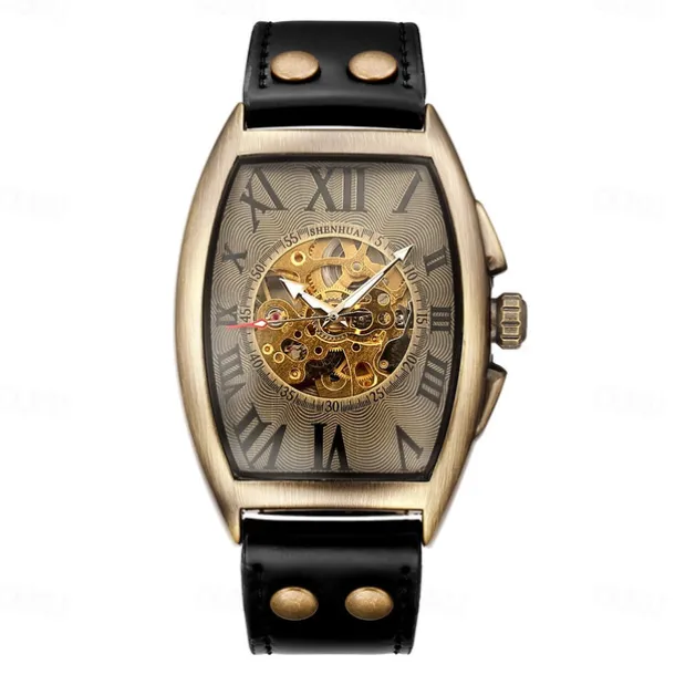Cool Men Style Automatic Mechanical Analogue Watch Steam Punk Rock Gothic Leather Strap Black Brwon Watch Bullet Hollow-carved Design
