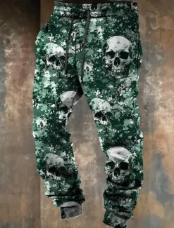 Cool Skulls Camo Punk 3D Print Men's Side Pockets Elastic Drawstring Design Sweatpants Joggers Pants Trousers Outdoor Sports & Outdoor Street Polyester Blue Brown Green S