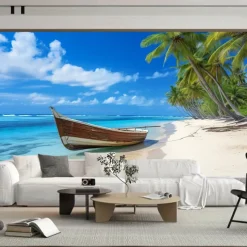 Cool Wallpapers Beach Boat Landscape Wallpaper Wall Mural Roll Sticker Peel Stick Removable PVC/Vinyl Material Self Adhesive/Adhesive Required Wall Decor for Living Room Kitchen Bathroom