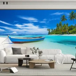Cool Wallpapers Beach Boat Landscape Wallpaper Wall Mural Roll Sticker Peel Stick Removable PVC/Vinyl Material Self Adhesive/Adhesive Required Wall Decor for Living Room Kitchen Bathroom