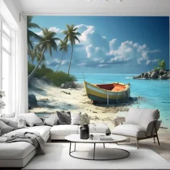 Cool Wallpapers Beach Boat Landscape Wallpaper Wall Mural Roll Sticker Peel Stick Removable PVC/Vinyl Material Self Adhesive/Adhesive Required Wall Decor for Living Room Kitchen Bathroom