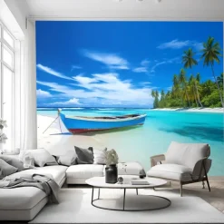 Cool Wallpapers Beach Boat Landscape Wallpaper Wall Mural Roll Sticker Peel Stick Removable PVC/Vinyl Material Self Adhesive/Adhesive Required Wall Decor for Living Room Kitchen Bathroom