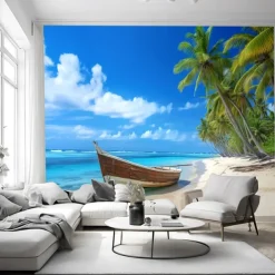 Cool Wallpapers Beach Boat Landscape Wallpaper Wall Mural Roll Sticker Peel Stick Removable PVC/Vinyl Material Self Adhesive/Adhesive Required Wall Decor for Living Room Kitchen Bathroom