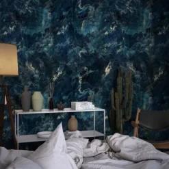 Cool Wallpapers Blue Wallpaper Wall Mural Abstract Marble Wall Covering Sticker Peel and Stick Removable PVC/Vinyl Material Self Adhesive/Adhesive Required Wall Decor for Living Room Kitchen Bathroom