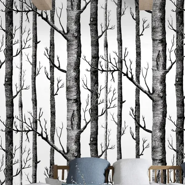 Cool Wallpapers 1pc Birch Tree Wallpaper Black and White Peel and Stick Wall Mural Wall Sticker Self-Adhesive PVC For Home Decor Cabinet Table Chair Room Backdrop Renovation 45cmx600cm/17.7"x236.2"